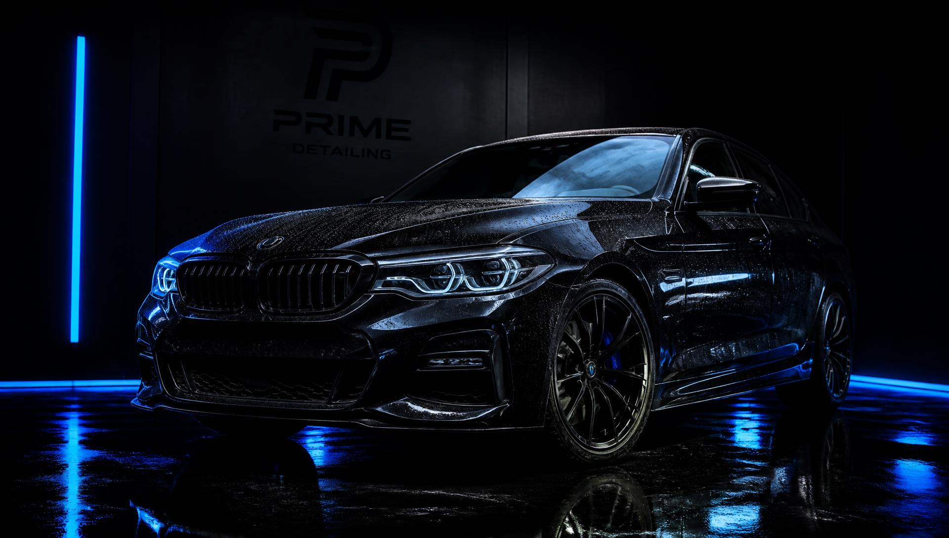 Freshly detailed black sedan with electric blue studio lighting